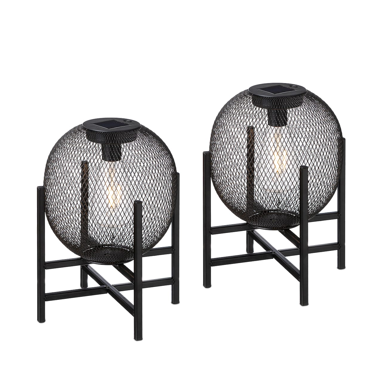 Glitzhome® 11.5" Metal Mesh Black Solar Powered Lantern with Stand, 2ct.